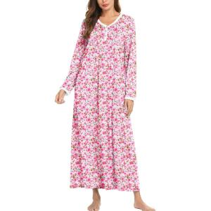 image:imageEkouaer Cotton Nightgowns for Women Long Sleeve Nightgown Full Length Night Gown Soft Comfy Nightdress Button Sleep ShirtsFloral Pink