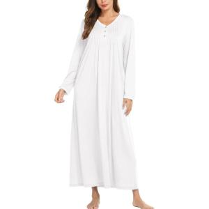image:imageEkouaer Cotton Nightgowns for Women Long Sleeve Nightgown Full Length Night Gown Soft Comfy Nightdress Button Sleep ShirtsWhite