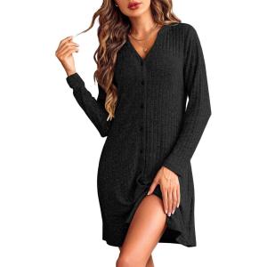 image:imageEkouaer Nightgowns for Women Button Down Night Shirt Long Sleeve Ribbed Knit VNeck Sleepwear Pajama DressBlack