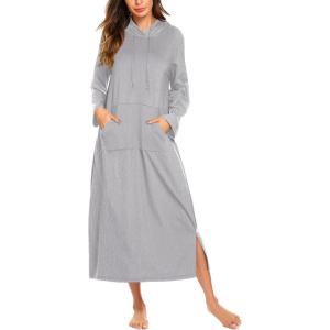 image:imageEkouaer Nightgowns for Women Fleece Nightgown Long Sleeve Sleepwear Hooded Night Gown Long Sleep Shirt with PocketLight Grey