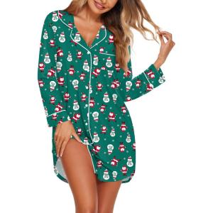 image:imageEkouaer Nightgowns for Women Long Sleeve Nightshirt Button Down Sleepshirt Nightdress Boyfriend Sleepwear SXXXLGreen Christmas