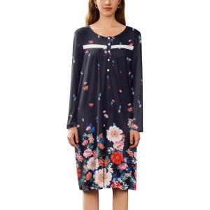 image:imageEkouaer Nightgowns for Women Long Sleeve Sleepshirt Button Nightshirt Floral Sleepwear Night Dress with Pockets SXXXLBlack Floral