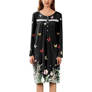 image:imageEkouaer Nightgowns for Women Long Sleeve Sleepshirt Button Nightshirt Floral Sleepwear Night Dress with Pockets SXXXLBlack Leaf  Butterfly