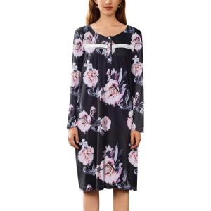 image:imageEkouaer Nightgowns for Women Long Sleeve Sleepshirt Button Nightshirt Floral Sleepwear Night Dress with Pockets SXXXLBlack Orange Floral