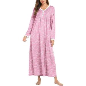 image:imageEkouaer Womens Long Sleeve Nightgown Full Length Sleepwear Long Sleepshirts Henley Sleep DressAapink Florals