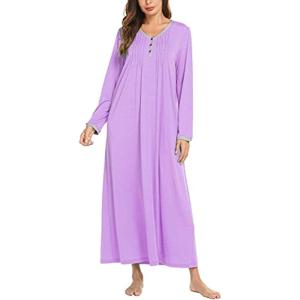 image:imageEkouaer Womens Long Sleeve Nightgown Full Length Sleepwear Long Sleepshirts Henley Sleep DressAapurple