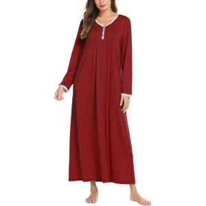 image:imageEkouaer Womens Long Sleeve Nightgown Full Length Sleepwear Long Sleepshirts Henley Sleep DressAawine Red