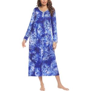 image:imageEkouaer Womens Long Sleeve Nightgown Full Length Sleepwear Long Sleepshirts Henley Sleep DressAblue Tiedye