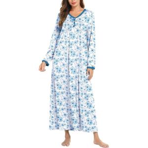 image:imageEkouaer Womens Long Sleeve Nightgown Full Length Sleepwear Long Sleepshirts Henley Sleep DressAblue Watercolor Flowers