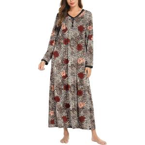 image:imageEkouaer Womens Long Sleeve Nightgown Full Length Sleepwear Long Sleepshirts Henley Sleep DressAbrown Leopard Print