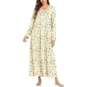 image:imageEkouaer Womens Long Sleeve Nightgown Full Length Sleepwear Long Sleepshirts Henley Sleep DressAwhite Flowers