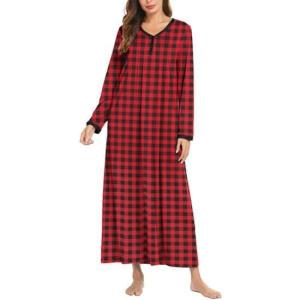 image:imageEkouaer Womens Long Sleeve Nightgown Full Length Sleepwear Long Sleepshirts Henley Sleep DressBbredblack Grid
