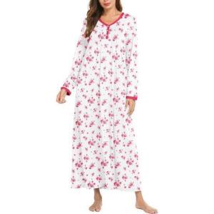 image:imageEkouaer Womens Long Sleeve Nightgown Full Length Sleepwear Long Sleepshirts Henley Sleep DressBig Pink Flower
