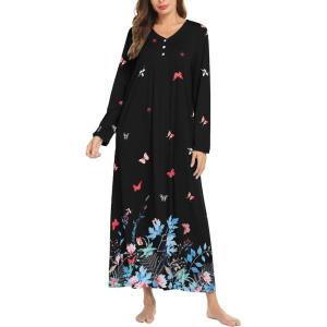 image:imageEkouaer Womens Long Sleeve Nightgown Full Length Sleepwear Long Sleepshirts Henley Sleep DressBlack Butterfly