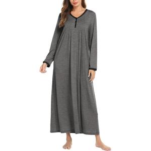 image:imageEkouaer Womens Long Sleeve Nightgown Full Length Sleepwear Long Sleepshirts Henley Sleep DressBmedium Grey