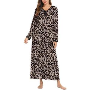 image:imageEkouaer Womens Long Sleeve Nightgown Full Length Sleepwear Long Sleepshirts Henley Sleep DressBrown Leopard Print