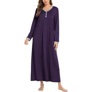 image:imageEkouaer Womens Long Sleeve Nightgown Full Length Sleepwear Long Sleepshirts Henley Sleep DressDark Purple