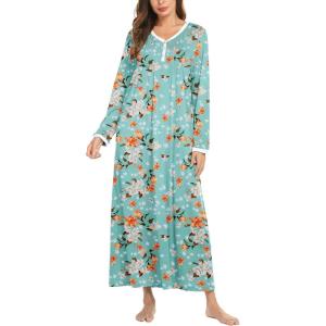 image:imageEkouaer Womens Long Sleeve Nightgown Full Length Sleepwear Long Sleepshirts Henley Sleep DressGreen Flower