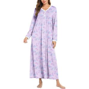 image:imageEkouaer Womens Long Sleeve Nightgown Full Length Sleepwear Long Sleepshirts Henley Sleep DressPurple Flowers