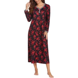 image:imageEkouaer Womens Long Sleeve Nightgown Full Length Sleepwear Long Sleepshirts Henley Sleep DressRed Flowers