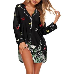 image:imageEkouaer Womens Nightgown Long Sleeve Nightshirt Button Down Sleepshirt Boyfriend Sleepwear Pajama Dress SXXLButterfly