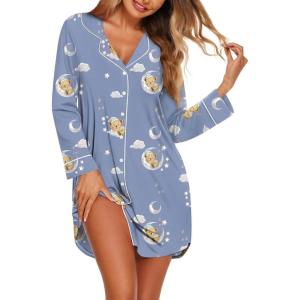 image:imageEkouaer Womens Nightgown Long Sleeve Nightshirt Button Down Sleepshirt Boyfriend Sleepwear Pajama Dress SXXLTeddy Moon