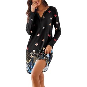 image:imageEkouaer Womens Nightgown Long Sleeve Sleepshirt Button Down Nightshirt V Neck Pajama Dress with Pockets SXXXLFloral Butterfly