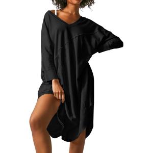 image:imageEkouaer Womens Nightgown Long Sleeve Sleepshirt V Neck Nightshirt Casual Loungewear Soft SleepwearBlack