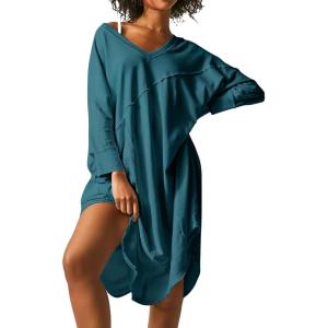 image:imageEkouaer Womens Nightgown Long Sleeve Sleepshirt V Neck Nightshirt Casual Loungewear Soft SleepwearBlue Green