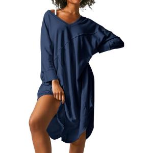 image:imageEkouaer Womens Nightgown Long Sleeve Sleepshirt V Neck Nightshirt Casual Loungewear Soft SleepwearNavy Blue