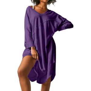 image:imageEkouaer Womens Nightgown Long Sleeve Sleepshirt V Neck Nightshirt Casual Loungewear Soft SleepwearPurple