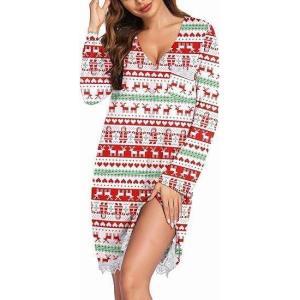 image:imageEkouaer Womens Nightgown Striped Tee Long Sleeve Comfy Sleep Nightshirt Button Down Pajama DressRed