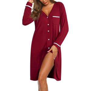 image:imageEkouaer Womens Nightgown VNeck Sleepwear Long Slevee Button Down NightshirtWine Red