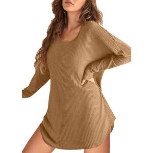 image:imageEkouaer Womens Nightgown Waffle Knit Long Sleeve Nightgown Sleep shirts Night Dress for Women SXXLBrown