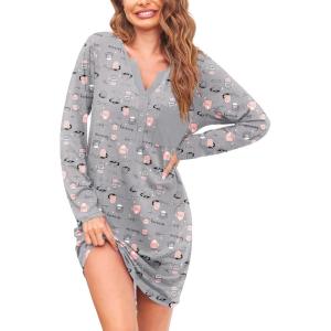 image:imageEkouaer Womens Nightshirt Long Sleeve Button Down Nightgown VNeck Sleepwear Casual Pajama DressGrey Coffee Print