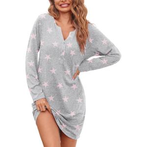 image:imageEkouaer Womens Nightshirt Long Sleeve Button Down Nightgown VNeck Sleepwear Casual Pajama DressGrey Stars Print