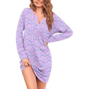 image:imageEkouaer Womens Nightshirt Long Sleeve Button Down Nightgown VNeck Sleepwear Casual Pajama DressPurple Floral
