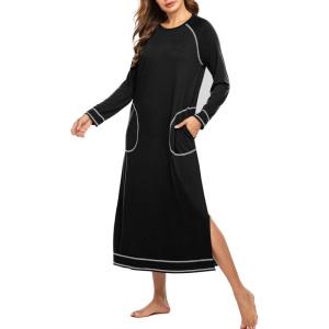 image:imageEkouaer Womens Nightshirt Long Sleeve Nightgown Round Neck Sleepwear Full Length Pajama Dress with Pockets Loungewear SXXLAblack
