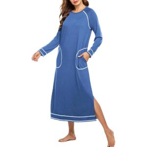 image:imageEkouaer Womens Nightshirt Long Sleeve Nightgown Round Neck Sleepwear Full Length Pajama Dress with Pockets Loungewear SXXLAblue