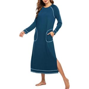 image:imageEkouaer Womens Nightshirt Long Sleeve Nightgown Round Neck Sleepwear Full Length Pajama Dress with Pockets Loungewear SXXLAdark Blue