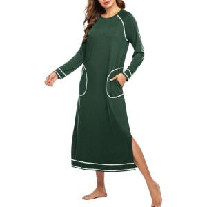 image:imageEkouaer Womens Nightshirt Long Sleeve Nightgown Round Neck Sleepwear Full Length Pajama Dress with Pockets Loungewear SXXLAdark Green