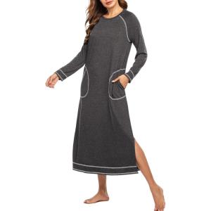 image:imageEkouaer Womens Nightshirt Long Sleeve Nightgown Round Neck Sleepwear Full Length Pajama Dress with Pockets Loungewear SXXLAdark Grey
