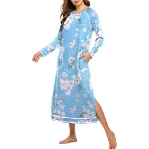 image:imageEkouaer Womens Nightshirt Long Sleeve Nightgown Round Neck Sleepwear Full Length Pajama Dress with Pockets Loungewear SXXLAfloral Light Blue