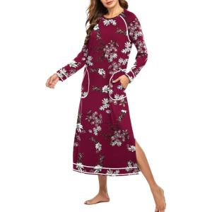 image:imageEkouaer Womens Nightshirt Long Sleeve Nightgown Round Neck Sleepwear Full Length Pajama Dress with Pockets Loungewear SXXLAfloral Red
