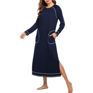 image:imageEkouaer Womens Nightshirt Long Sleeve Nightgown Round Neck Sleepwear Full Length Pajama Dress with Pockets Loungewear SXXLAnavy Blue