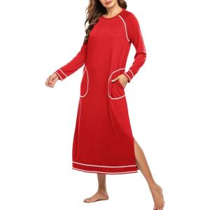 image:imageEkouaer Womens Nightshirt Long Sleeve Nightgown Round Neck Sleepwear Full Length Pajama Dress with Pockets Loungewear SXXLAred