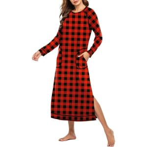 image:imageEkouaer Womens Nightshirt Long Sleeve Nightgown Round Neck Sleepwear Full Length Pajama Dress with Pockets Loungewear SXXLChristmas Plaid