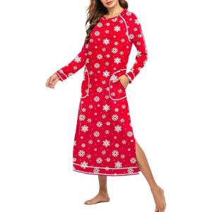 image:imageEkouaer Womens Nightshirt Long Sleeve Nightgown Round Neck Sleepwear Full Length Pajama Dress with Pockets Loungewear SXXLChristmas Snowflake