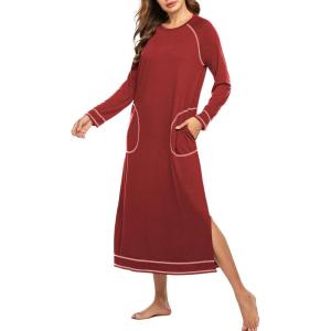 image:imageEkouaer Womens Nightshirt Long Sleeve Nightgown Round Neck Sleepwear Full Length Pajama Dress with Pockets Loungewear SXXLWine Red2