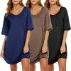 image:imageEkouaer Nightgowns for Women 3 Pack Sleepshirt Short Sleeve Nightshirt V Neck Sleepdress Oversized SleepwearBlacknavy Bluebrown